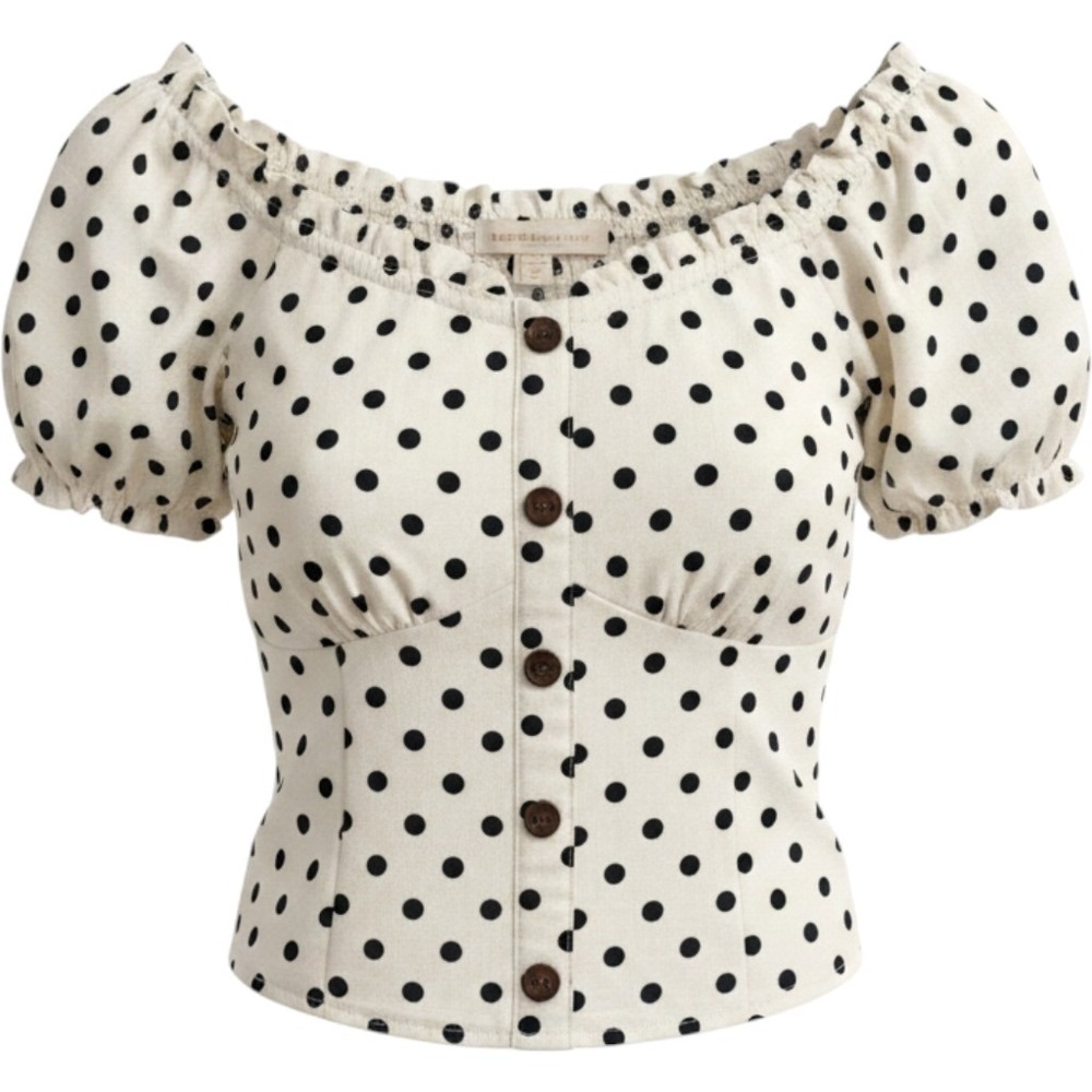 Monteau Milkmaid Polka Dot Linen Blend Smocked Crop Top Cream Navy‎ Medium